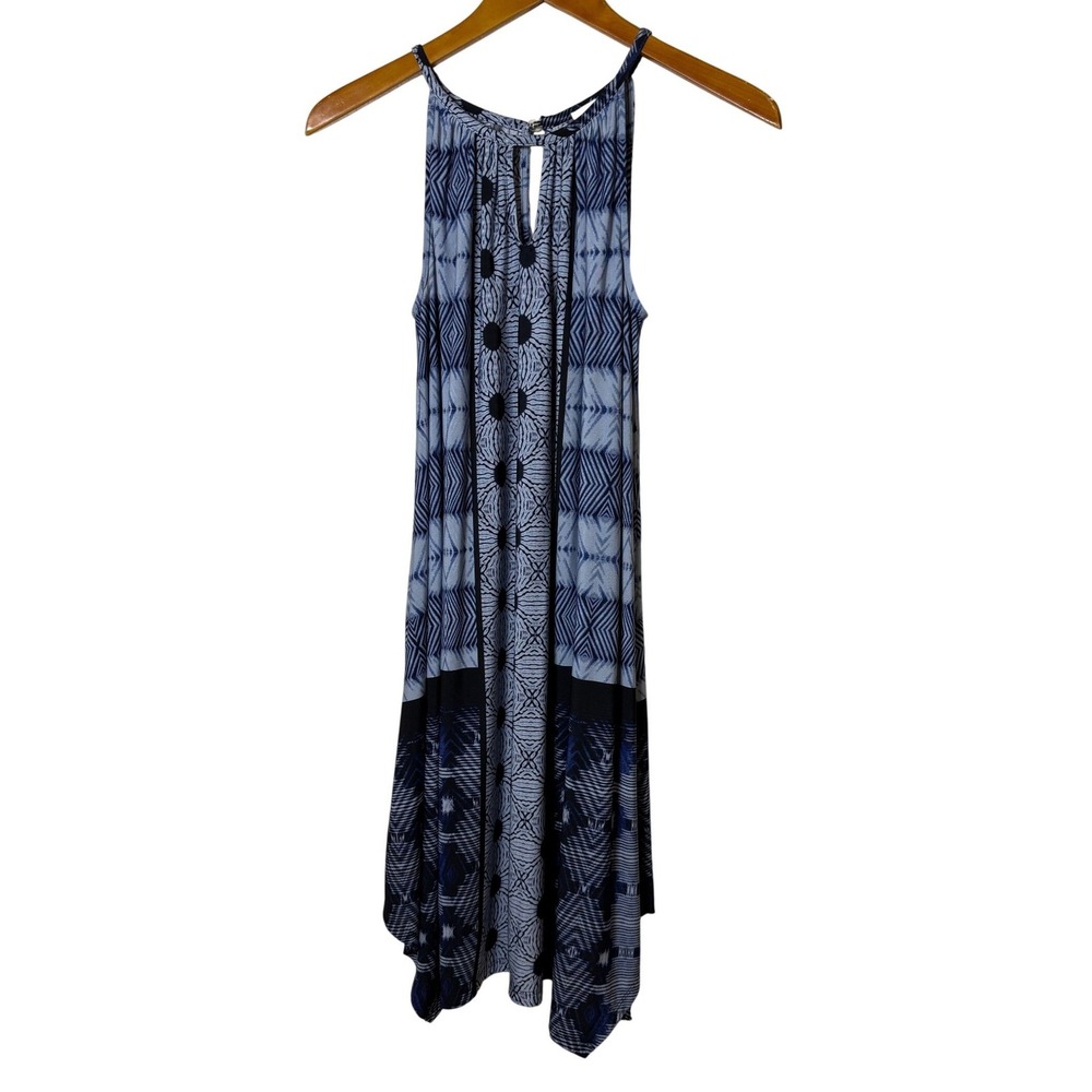 Chico's Women Dress 0P Blue Geometric Halter Boho Coastal Resortwear Chic Flowy